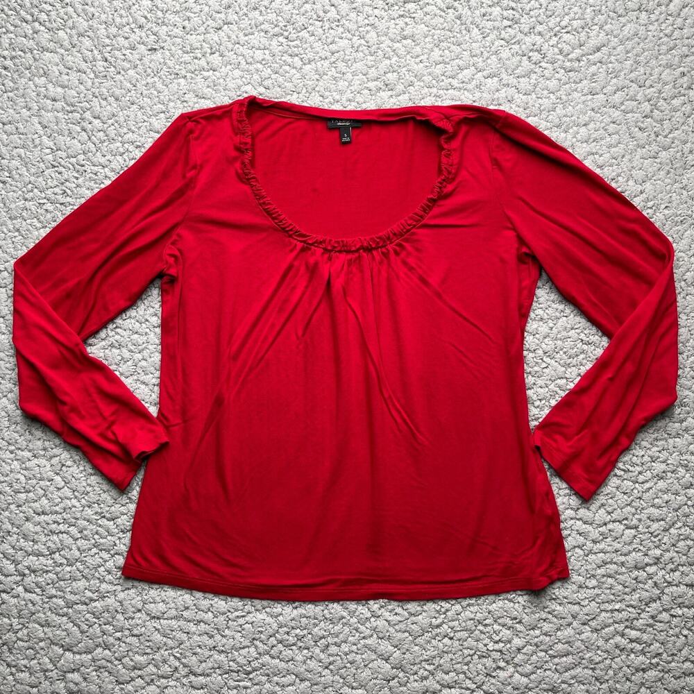 Talbots Blouse Top Womens Small Red Round Scrunch Neck Long Sleeve Slinky